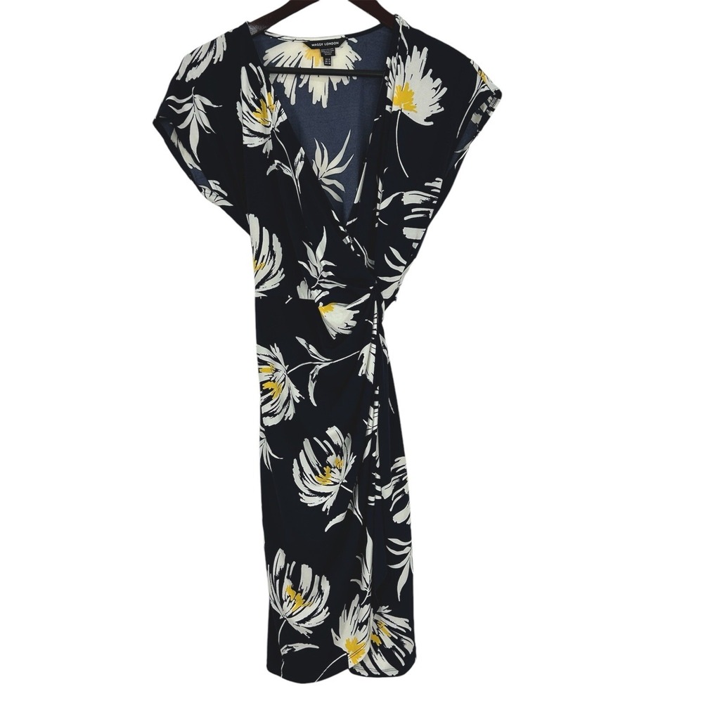 Maggy London Women Sz 8 Navy And Yellow Tropical Floral Cap Sleeve Wrap Dress N4